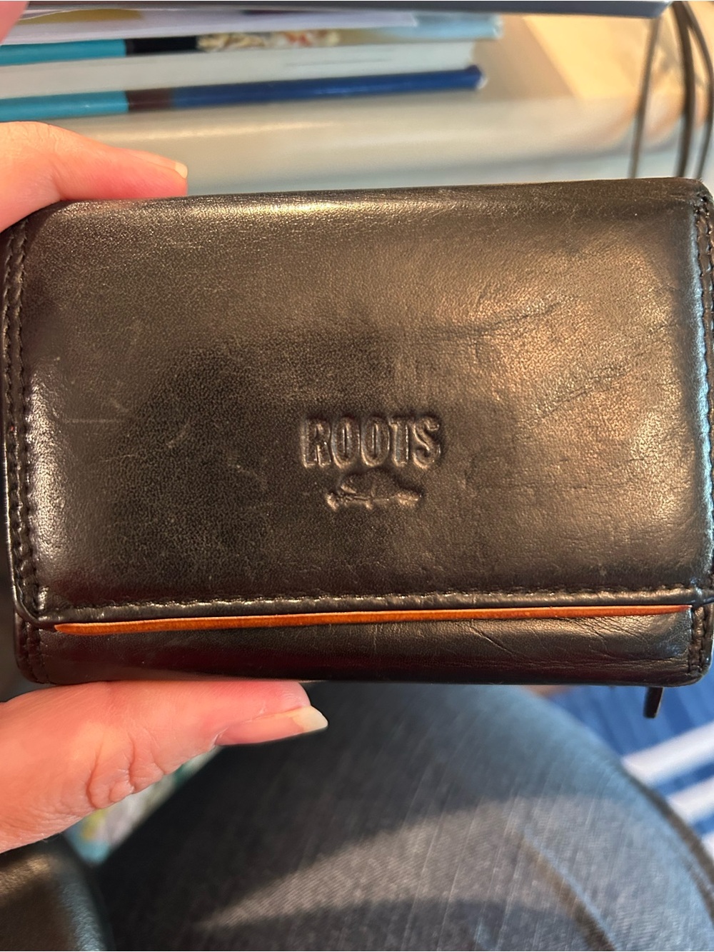 Roots Black Leather Mini Wallet with Contrast Trim